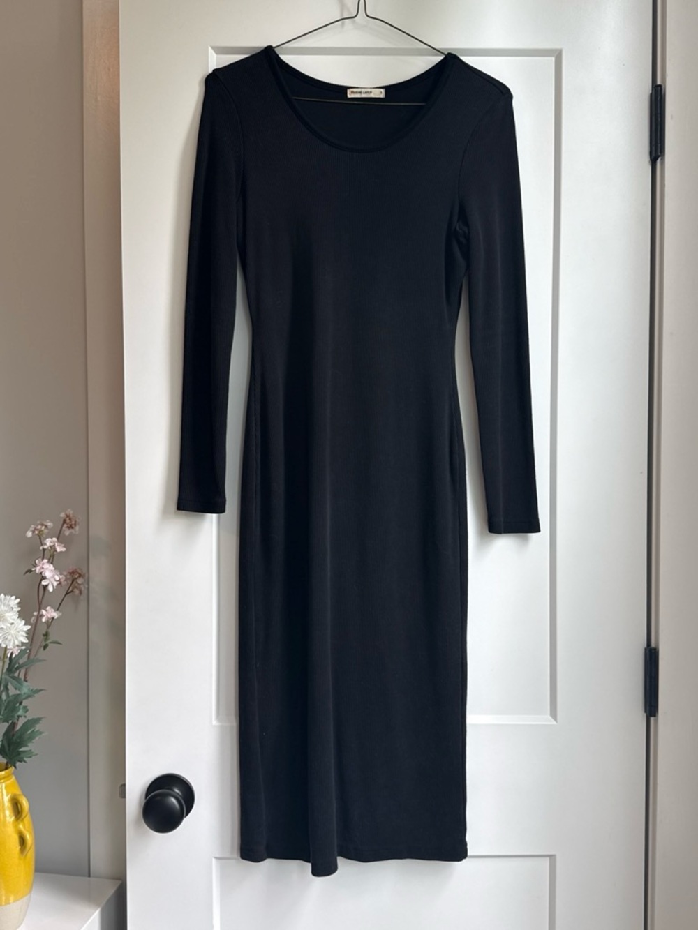 Marine Layer Lexi Rib Long Sleeve Midi Dress in Black - Size Small